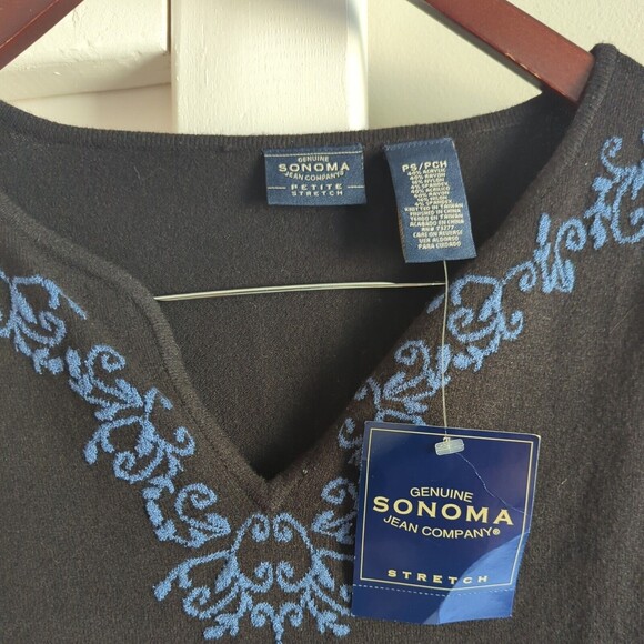 NWT Sonoma Petite Stretch Black Shirt Small Blue Stitching Pattern Fall Sweater - Picture 3 of 6